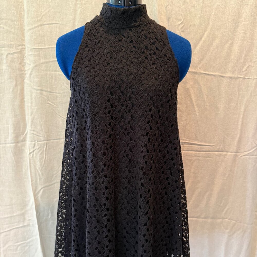 Planet Gold Black Mock Neck Lace A-Line Swing Dress